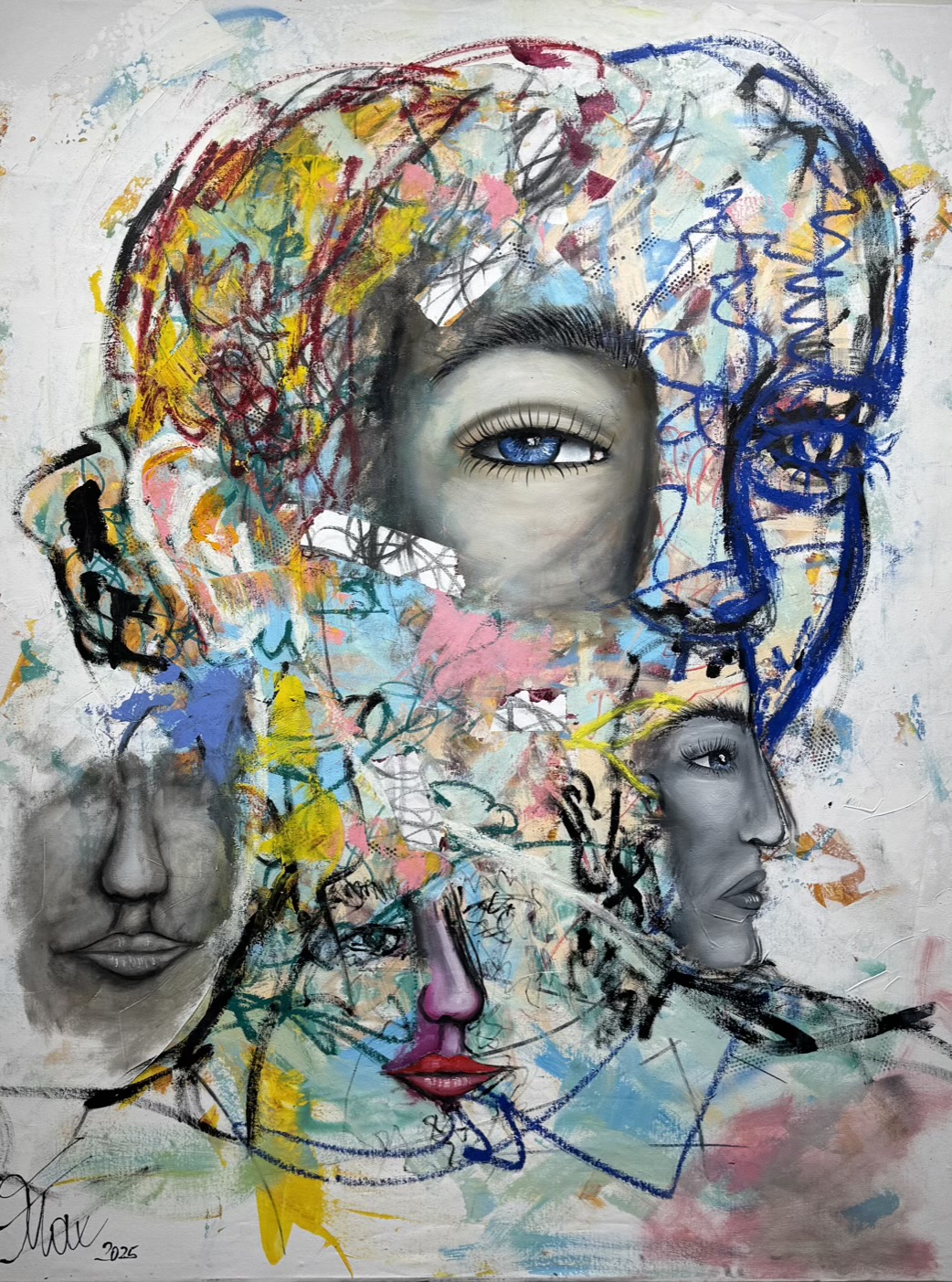 Ausdrucksstarkes Frauenporträt mit abstrakten Farbstrukturen, Titel Serena Alba, Acryl auf Leinwand von Künstler Max Flatsicher.