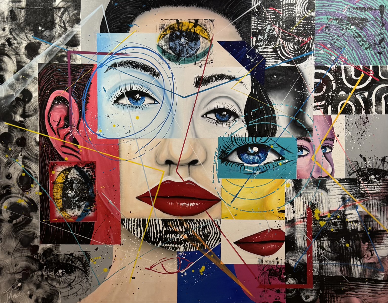 You Are in Different Frames, Accept It! – modernes Frauenporträt in Acryl auf Leinwand von Max Flatscher. Zeitgenössische Kunst über Identität und Selbstakzeptanz.