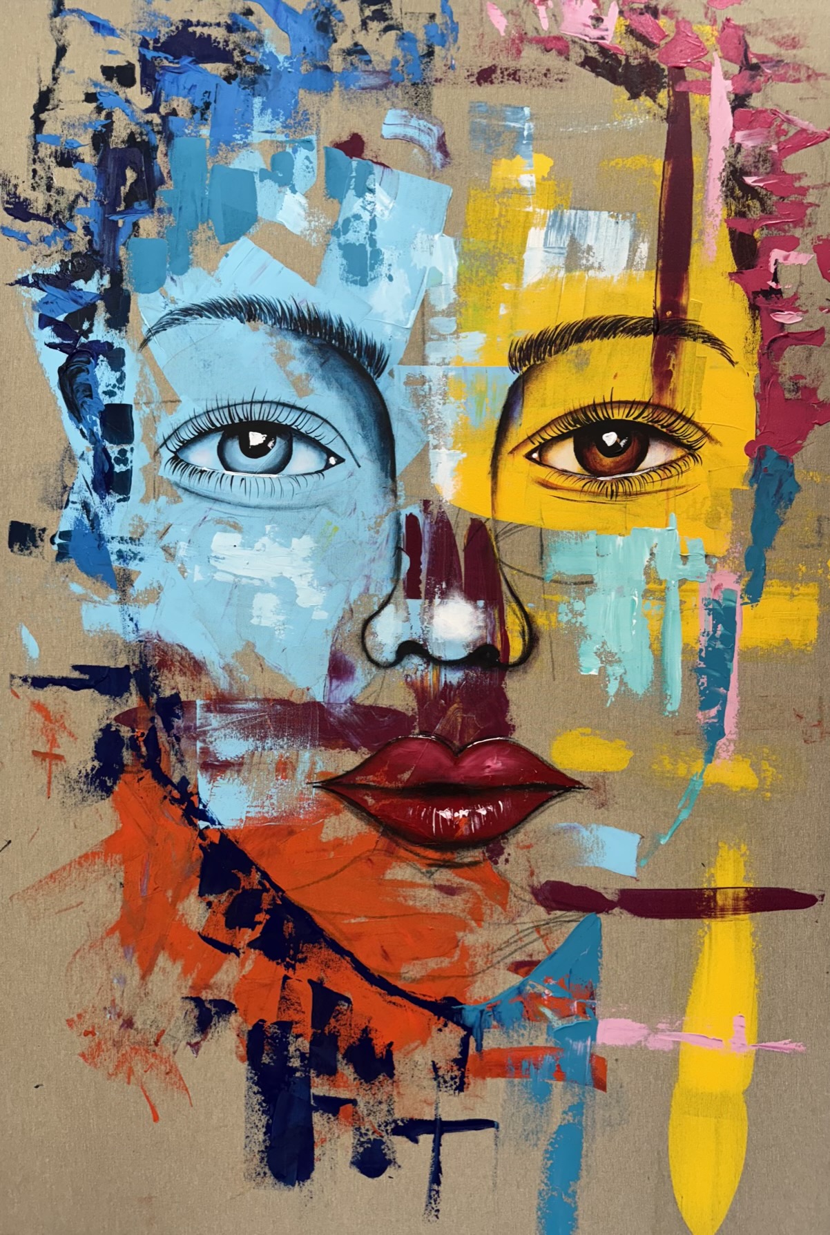Abstraktes Frauenporträt in kräftigen Farben, Titel Floria, Acryl auf Leinwand, von Künstler Max Flatischler